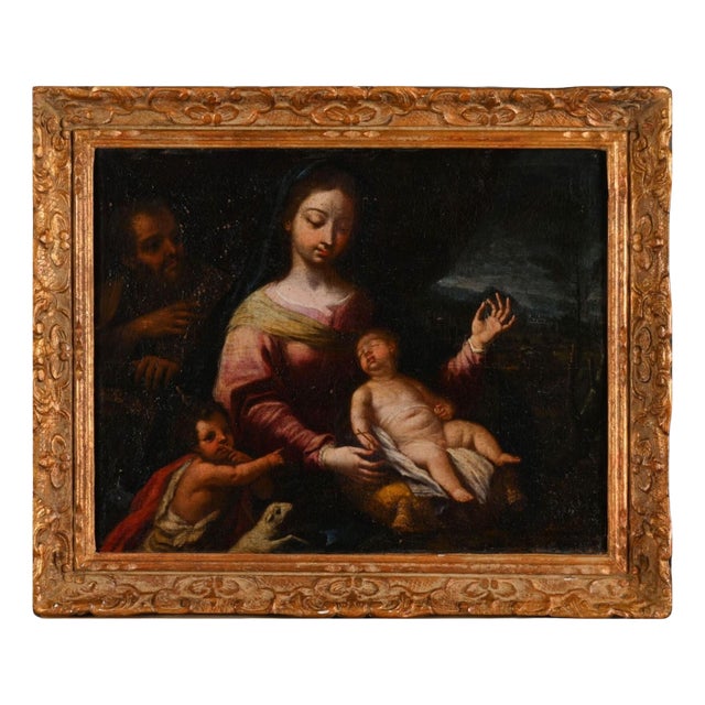 Italian School Artist, Holy Family with St. John the Baptist, 17th Century, Oil on Canvas, Framed For Sale