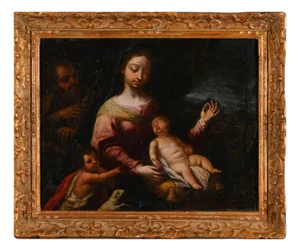 Italian School Artist, Holy Family with St. John the Baptist, 17th Century, Oil on Canvas, Framed