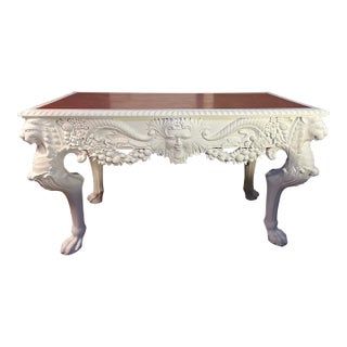 English Georgian Style Table Ornately Carved Faces and Lion Paws and Face in Manner of William Kent and John Lock Faux Egyptian Porphyry Marble Top For Sale