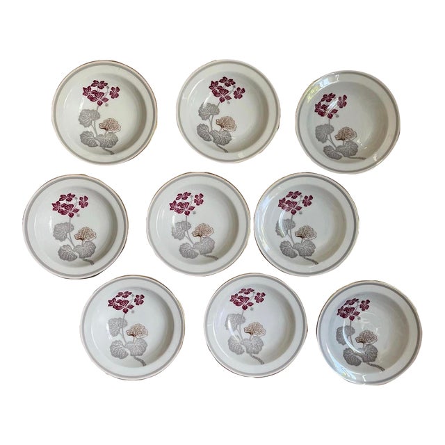 Vintage Noritake Geranium Burgundy and Gray 5 5/8” Small Berry Bowls - Set of Nine (9) For Sale