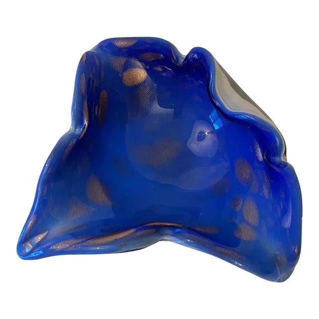 Italian Sommerso Murano Glass Bowl Ashtray in Brilliant Blue with Gold Flecks For Sale