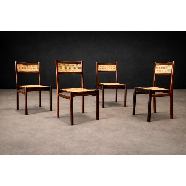 Wood Set of 4 Dining Chairs in Rosewood & Cane, Unknown, 1960s For Sale - Image 7 of 11