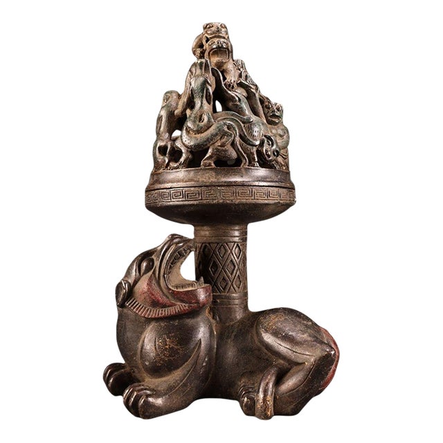 Vintage Solid Copper Censer, High Relief Painted Mythical Beast Base & Pierced Dragon Lid, Chinoiserie Incense Burner For Sale