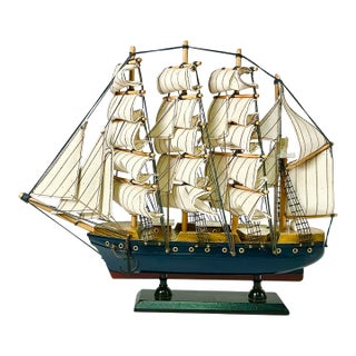 Mid-Century Nautical Coastal Boho Chic Wood Four Tall Mast Ship Model For Sale