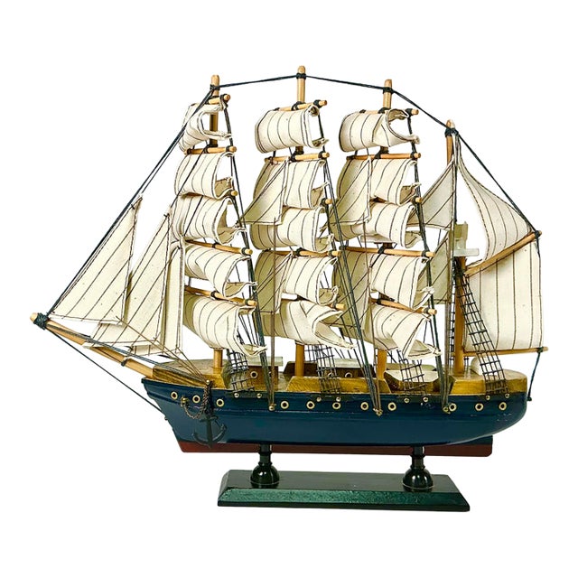 Mid-Century Nautical Coastal Boho Chic Wood Four Tall Mast Ship Model For Sale