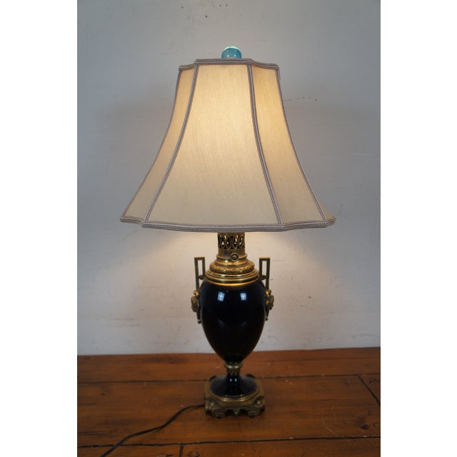 Antique French Empire Converted Cobalt Blue Glass Brass Urn Oil Lamp For Sale - Image 4 of 12