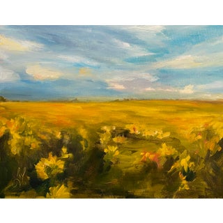Song of Gold by Leigh Ann Van Fossan | Oil on Board Landscape of a golden field under a blue sky For Sale