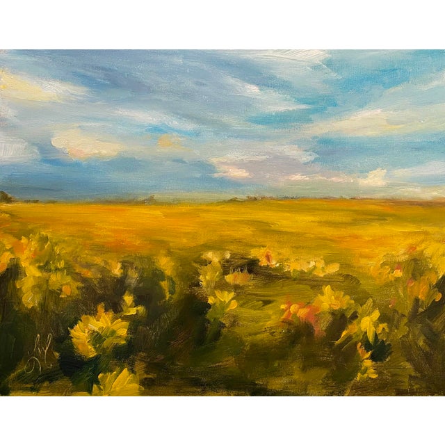 Song of Gold by Leigh Ann Van Fossan | Oil on Board Landscape of a golden field under a blue sky For Sale