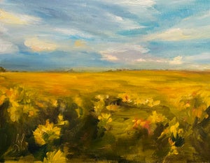 Song of Gold by Leigh Ann Van Fossan | Oil on Board Landscape of a golden field under a blue sky