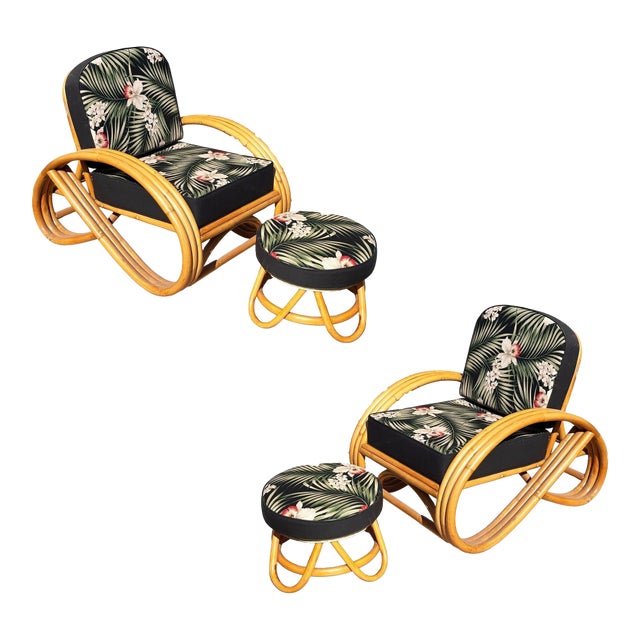 1950s Restored MCM 3-Strand 3/4 Reverse Pretzel Rattan Lounge Chair& Ottoman Pair For Sale