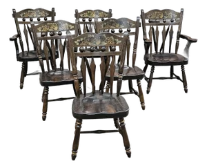 Mid 20th Century Hitchcock Style Decorated Pine Windsor Dining Chairs- Set of 6