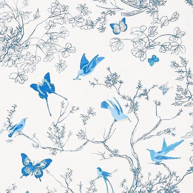 Schumacher Birds & Butterflies Fabric in Porcelain For Sale