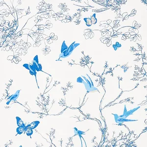 Schumacher Birds & Butterflies Fabric in Porcelain