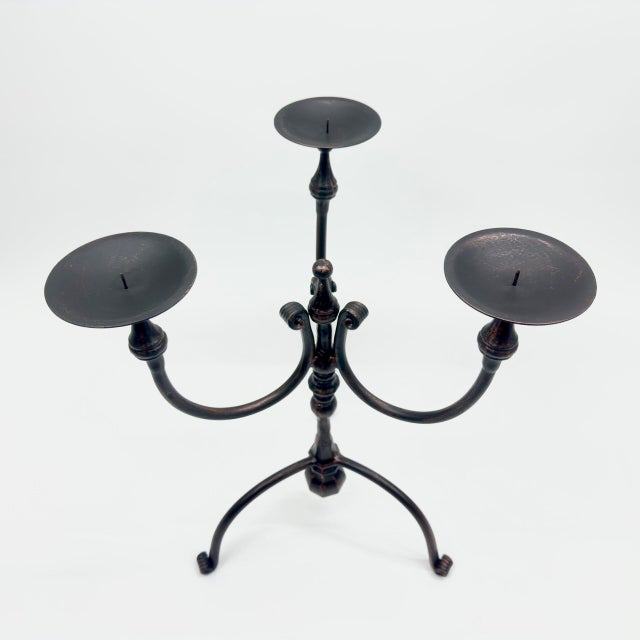 Hand Forged Iron Candelabra 19.5″ (50cm) Antique Copper Finish Wide & Conversation Friendly Tabletop Centerpiece For Sale - Image 6 of 8