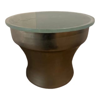 Karl Springer "Rain-Drum" Side Table in Polished Metal With Glass Top For Sale