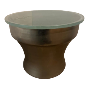 Karl Springer "Rain-Drum" Side Table in Polished Metal With Glass Top