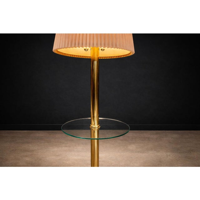 Mid-Century Modern Brass Floor Lamp with Integrated Glass Shelf and Pleated Shade, Italy, 1960s - Lot 902 For Sale - Image 4 of 11