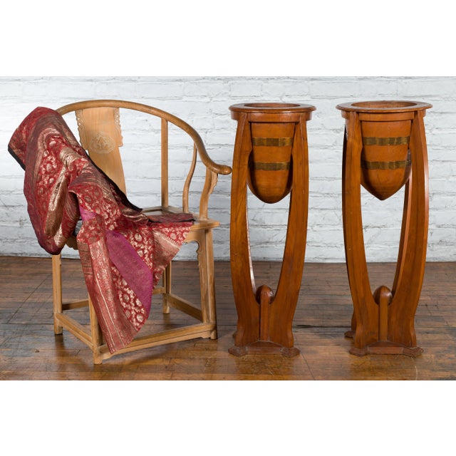 Mid 20th Century Javanese Art Deco Style Teak Wood & Brass Brace Plant Stands - A Pair For Sale - Image 10 of 13