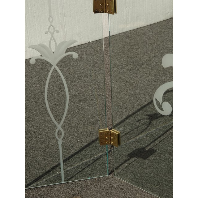 Fireplace Screen With Three Panel Floral Etched Glass and Brass Hinges For Sale - Image 10 of 18