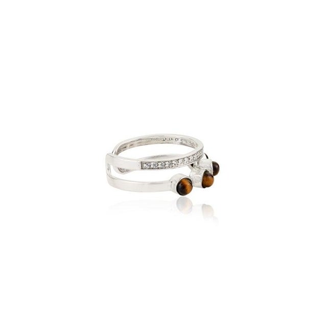 Contemporary Boho Tiger’s Eye & Zircon Double Band Ring in 925 Silver, Size 8.5 For Sale - Image 3 of 11