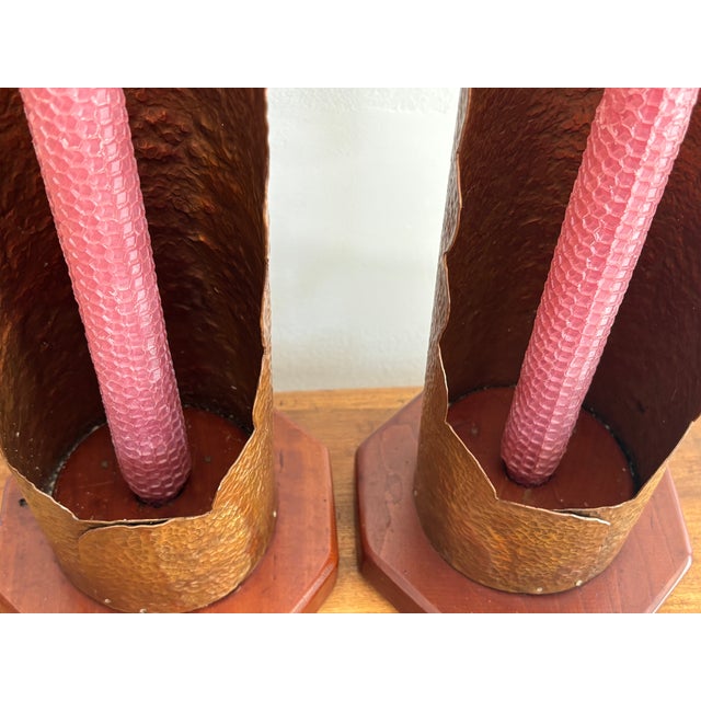 Copper Mid 20th Century Hammered Copper Scalloped Candlestick Holders on Wood Base For Sale - Image 8 of 9