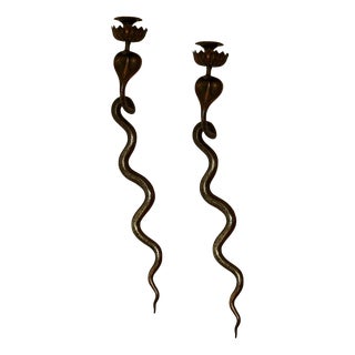 Egyptian Revival Style Engraved Brass Cobra Sconces, Set of 2 For Sale