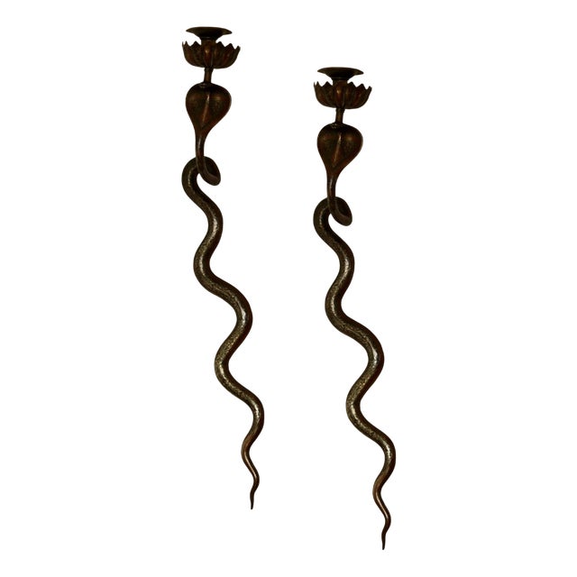 Egyptian Revival Style Engraved Brass Cobra Sconces, Set of 2 For Sale