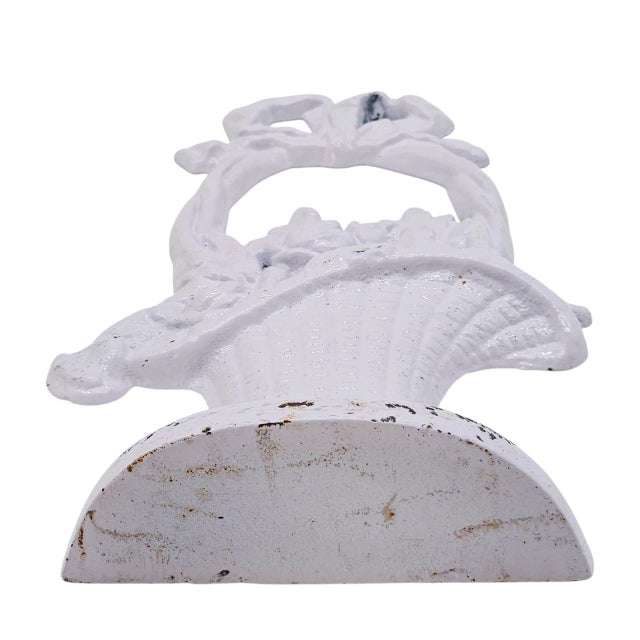 Farmhouse Vintage Hubley Style Cast Iron Doorstop, White French Flower Basket Shabby Cottage Décor 10.75" For Sale - Image 3 of 10