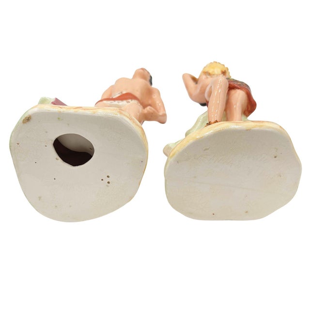 1950s Mid 20th Century Hand Painted Hawaiian Hula Girl & Native Male Ceramic Statue Set For Sale - Image 5 of 5