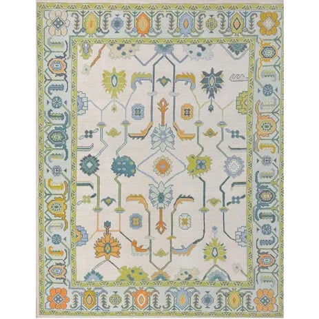 Modern Handknotted Oushak Rug in Shades of Blue, Green & Goldenrod, 6' x 9' For Sale
