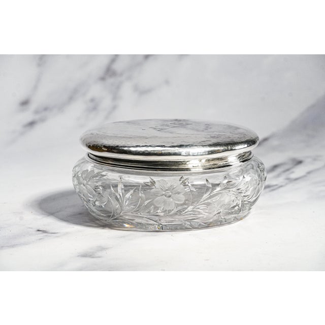Silver Stunning Large Antique Crystal Powder Jar Sterling Silver Lid Floral Cut Glass Edwardian Vanity Box For Sale - Image 8 of 16