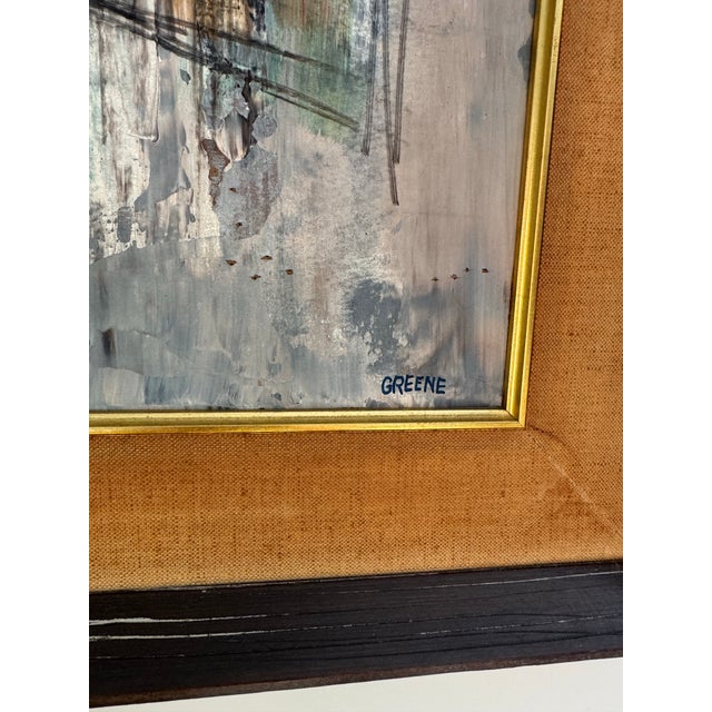 Mid-Century Modern Mid Century Modern Abstract Cityscape Oil Painting Signed Greene Framed 30x24 For Sale - Image 3 of 7