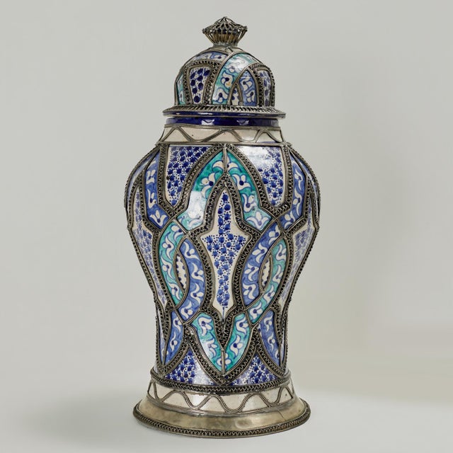 Mid 20th Century Vintage Moroccan Earthenware and Metal Lidded Urn For Sale - Image 5 of 12