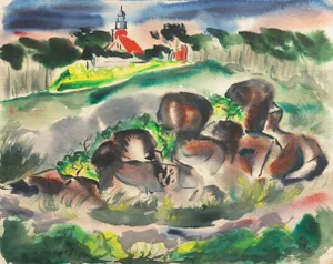 'Lighthouse at Point Pinos' by Muriel Backman, 1953; Pacific Grove, California Woman Post Impressionist, Crocker Museum