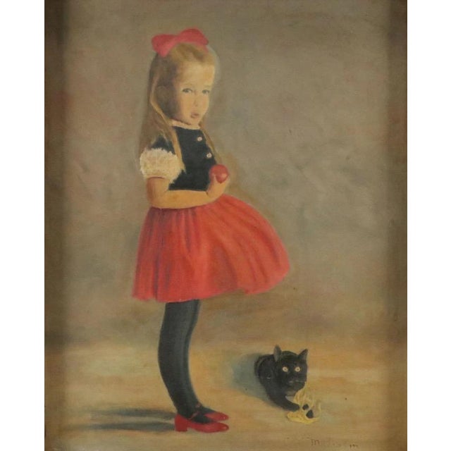 Paint C. L. Malcolm (American 20th C.) 1940's Oil Painting of Young Girl and a Favorite Cat For Sale - Image 7 of 9