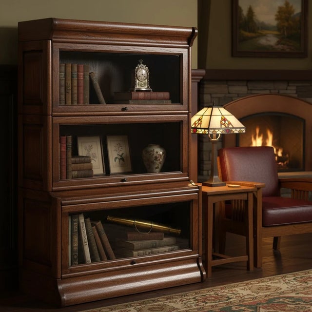 Mission 3 Stack Oak Barrister Bookcase - Beveled Glass Walnut For Sale - Image 4 of 14