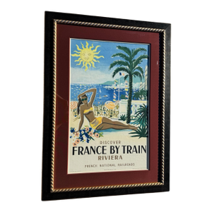 Framed Vintage 1950’s Hervé Baille, Discover France by Train Riviera, French National Railroads
