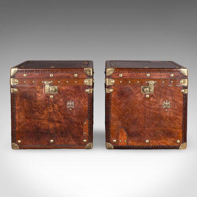 English Pair of Late Vintage Luggage Trunks, English Leather, Brass, Storage, Nightstand For Sale - Image 3 of 12