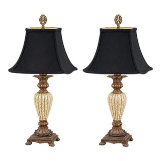 Late 20th Century Cream Neoclassical Urn Table Lamps With Black Square Bell Shades - Pair For Sale
