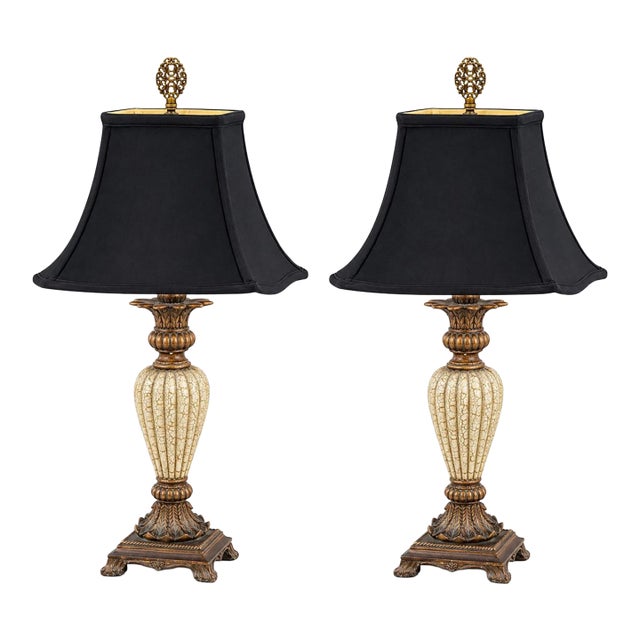 Late 20th Century Cream Neoclassical Urn Table Lamps With Black Square Bell Shades - Pair For Sale