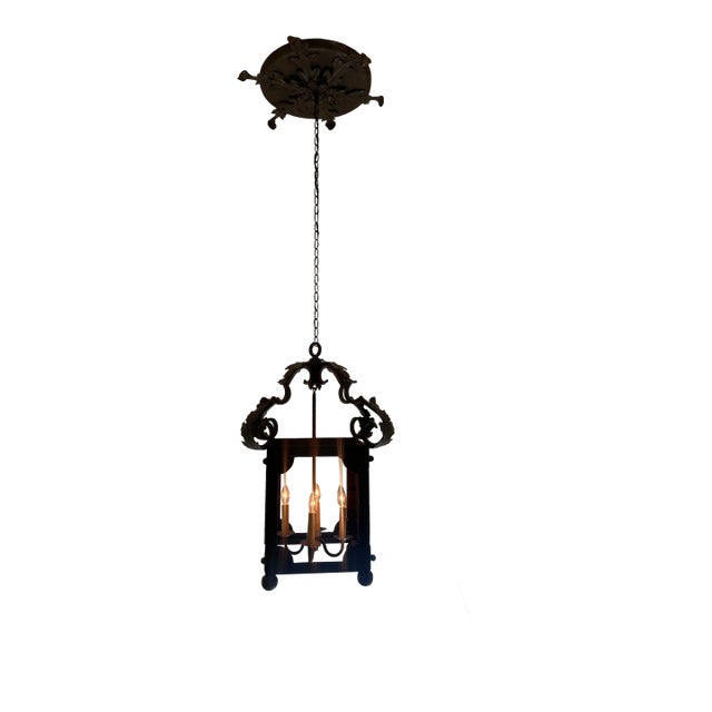 Iron Lantern Pendant With Leaf Motif and Large Canopy For Sale