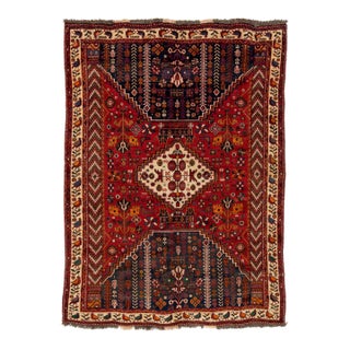 5 X 7 Vintage Shiraz Handmade Wool Rug in Red and Blue For Sale