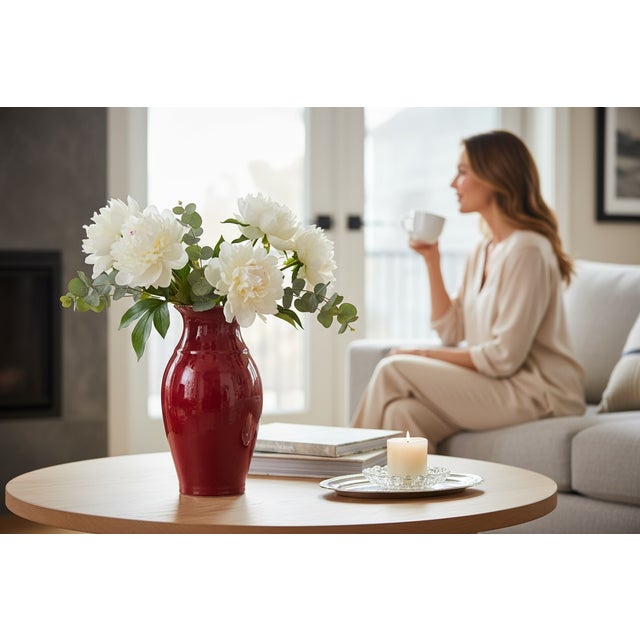 Contemporary Original Owens Pottery Red Vase Seagrove NC- Copper Red Glaze-Chinese-Tall For Sale - Image 3 of 11