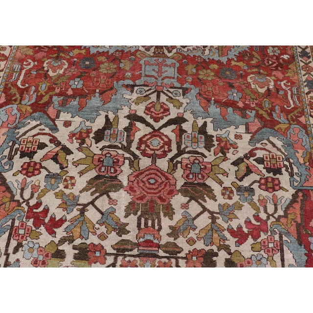 Square Antique Persian Bakhtiari Rug With Red Field and Ivory Medallion For Sale - Image 9 of 16