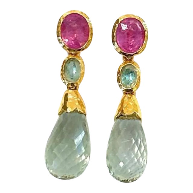 Bochic “Capri” Rose Quartz & Multi Gem Italian Earrings Set 18k Gold & Silver - 2 Pieces For Sale