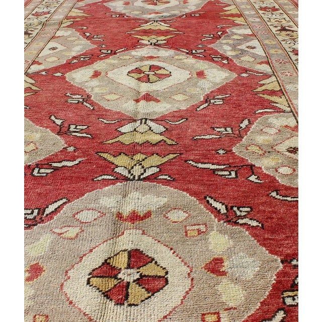 Mid 20th Century Red Background Vintage Turkish Oushak Runner in Gray, Cream, Yellow Colors For Sale - Image 5 of 8