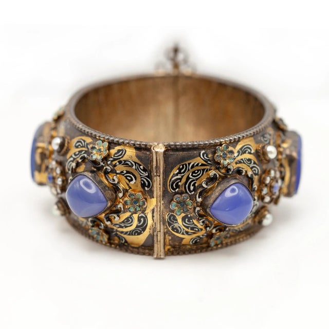 1900 - 1909 Antique Hungarian Silver Vermeil Enamel Chalcedony Seed Pearl Bangle For Sale - Image 9 of 10