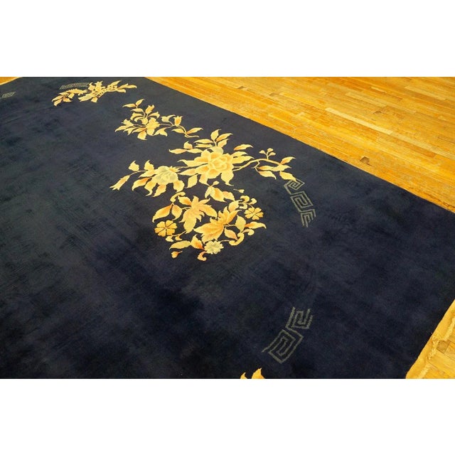 1930s Blue Navy Floral Modern Antique Chinese Art Deco Carpet 8'10" X 11'8" Handknotted Wool Rug For Sale - Image 10 of 12