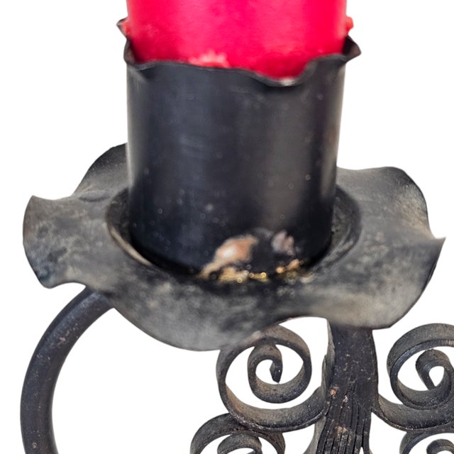 Antique Spanish Revival Wrought Iron Triple Candle Candelabra – Gothic Scrollwork For Sale - Image 4 of 9