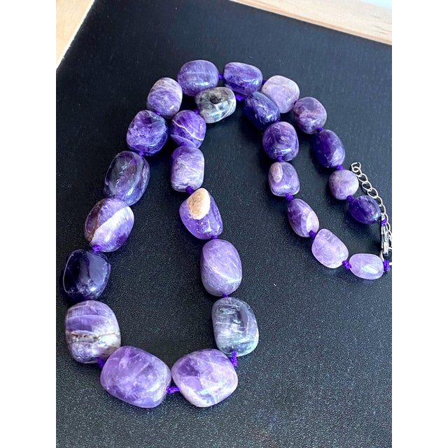Large Amethyst Statement Necklace | Oversized Purple Gemstone Beads | Knotted Silk Cord | 304 Stainless Steel Clasp For Sale - Image 4 of 11